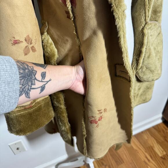 Lapis Coat Women M Tan Rose Print Faux Suede Penny Lane Faux Fur Lined Patchwork - Picture 7 of 9